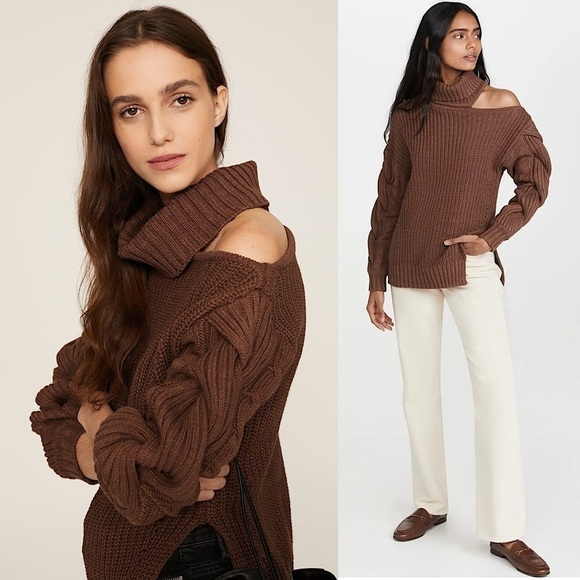 ASTR Cotton Chunky Braided Cable Rib Knit Cutout Shoulder Turtleneck Sweater L - Picture 1 of 13